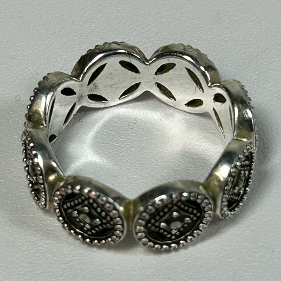 Vintage Designer Signed CW Sterling Silver Marcasite Ring Band Abalone Inlay - Picture 7 of 7